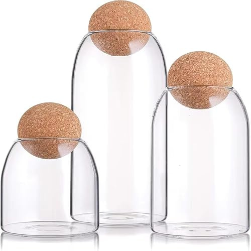 Glass Storage Jars with Cork Ball Lids, Set of 3 Clear Airtight Food Containers, 500ml, 800ml, 1000ml Capacity