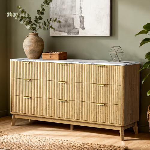 Fkhouse 57 Fluted 9 Drawer Dresser with Arc-Shaped Corner,Modern Chest of Drawers with Metal Handle, Wood Closet Clothes Storage Organizer with Curved Edges for Bedroom,Natural