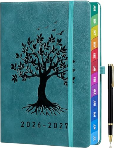 ZXHQ Lehrerkalender 2026 2027 A5+, Lehrerplaner/Schulplaner mit Monatsübersicht, Hardcover, Deutsch, 208 Seiten, Farbig Gedruckte Innenseiten & Monatsregister, Innentasche, 16,5 x 22 cm, Türkis