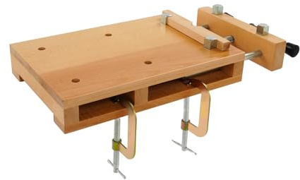 Tisch-Werkbank aus Buchenholz, Hobelbank mit Schraubstock & Lochplatte (53x28cm), Höhenverstellbare Klemmfüße Werkbänke für Hobeln, Sägen & DIY