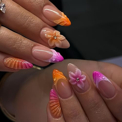 Bukecagif 24 pièces ongles pressés amande, dégradé orange, rose et violet, fleurs 3D et décoration bijou, pour diverses occasions, avec gelée gel et bloc lime