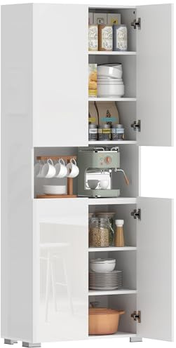 HOMCOM Alacena de Cocina Auxiliar con 4 Puertas 68x34x180 cm Blanco Brillo | Mueble Auxiliar de Cocina, Compartimento Abierto, Estantes Ajustables