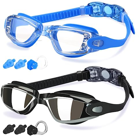 COOLOO Swimming Goggles, Water-Resistant, 2 Pack Swim Goggles for Adult Men Women Youth Kids 8+, Anti-Fog UV Protection No Leaking Nose Clip and Earplugs
