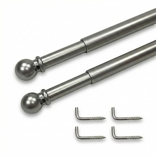 Coppia Astine Tex per Tende a Vetro Ø7 mm, Ottone Nichelato Argento Satinato Opaco, Estensibili/Telescopiche e Tagliabili, Supporto a Vite con 4 Viti a L, Made in Italy - Cm. 40-60