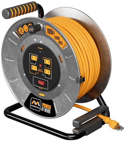 Masterplug 100ft Cord Reel, Metal Cable Drum, Retractable Extension Lead with Winding Handle, Safety Overload Circuit Breaker and Power Switch, 4x Grounded Outlets, 15amps, 12AWG Cable