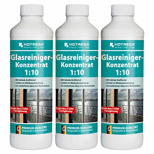 HOTREGA Glasreiniger Konzentrat 1:10 | 3 x 500 ml Fensterreiniger Profi | Streifenfrei gegen Fett & Fingerabdrücke | Für Spiegel, Kacheln & Autoscheiben | Ergibt 15 L Fertiglösung | Made in Germany