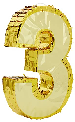 Pinata Numéro 3 Dorée pour Anniversaire de Trois Ans, Décoration Centre de table, 40 x 27 x 8 cm
