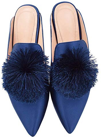 Fericzot Slip On Mule Rückenfrei Loafer Flats Puff Pompon Spitz Toe Freizeitschuhe Slippers, Blau (blau), 40 EU