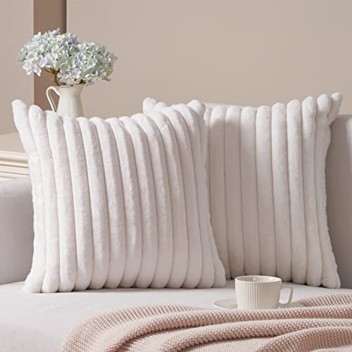 Topfinel 2er Set Kissenbezug 40x40 Kunstfell gestreift weiß Creme Plüsch Ultra weich Dekorative Kissenbezüge Kissenhülle Dekokissen Sofakissen für Sofa Schlafzimmer Wohnzimmer
