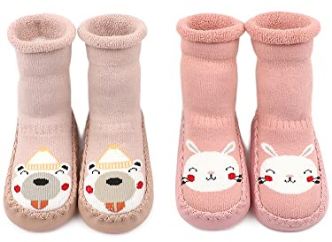Adorel Calcetines Zapatos Antideslizantes Forros Bebé 2 Pare Pink Conejo & Oso 12-18 Meses (Tamaño del Fabricante 13)
