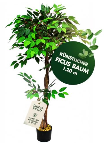 Decovego Künstlicher Ficus Benjamin, 120 cm Kunstpflanze, Kunstbaum | mit Echtholzstamm, pflegeleicht, immergrün für Wohn- und Büroräume