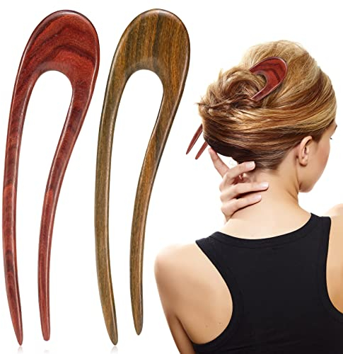 Noverlife 2PCS Französisch U-förmige Sandelholz Haarnadeln, feine geschnitzte handgefertigte Holzhaarstöcke, doppelt protzige Haargabeln, Retro Haarclips für Brötchen Chignon Updo Frisur Rot-Grün