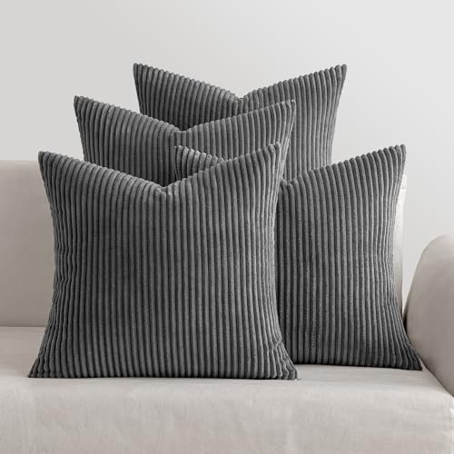 MIULEE Kissenbezug 40x40 4er Set Kordsamt Kissenhülle sofakissen Dark Grey | Weiche Kissenhülle Dekorative Sofakissen Quadratische Dekokissen Zierkissenbezug Gestreifte Kissenbezüge für Wohnzimmer