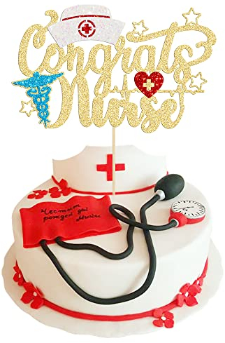 Gyufise 1 Stück Congrats Nurse Cake Topper mit Glitzer Krankenschwester Kappe 2023 Graduierung Krankenpflege Kuchen Pick für medizinische Rn Thema 2023 Graduierung Geburtstag Party Kuchen Dekorationen
