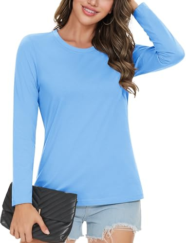 MAGCOMSEN Ladies Long-Sleeve Shirt Cotton Crew-Neck Casual T-Shirt Breathable Tees Basic Classic-fit Tops, Waterfall Blue, XL