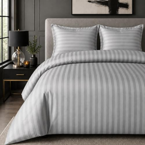 Casabella Set copripiumino a righe in raso, lussuoso set di biancheria da letto matrimoniale argento con strisce di raso, set copripiumino matrimoniale di qualità alberghiera e federe, copripiumino