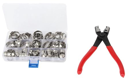 80PCS Hose Clamp Pliers Kit Hose Clip Assortment Kit Stainless Steel Single Ear Pipe Clamps with Clamping Pliers for Automobiles Ships Motorcycles