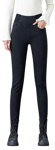 LAEMILIA Fleecefodrade jeans för kvinnor vinter tjocka termiska smala denim jeggings smal hög midja stretch dra på vintern varma byxor byxor med fickor slitna upp till 80 pund, Svart, XL