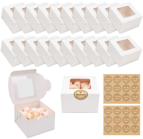 JOYSKY Cupcake-Boxen aus Papier, mit Sichtfenstern und 12 Aufklebern, für Cupcakes, Desserts, Gebäck, Kekse, kleine Kuchen, Süßigkeiten, Kuchen, Geschenke, Weiß, 10 Stück
