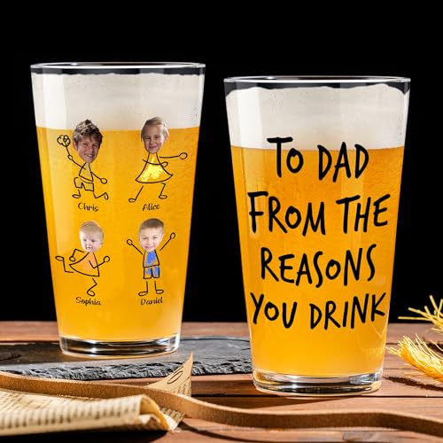 KEMEILA To Dad From The Reasons You Drink Beer Glass, Funny Gifts for Dad, Personalized Beer Glass with Kid's Photo Name 16 oz Pint Glass Beer, Birthday Christmas Father's Day Gifts