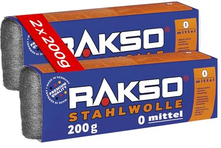 RAKSO Stahlwolle mittel 0-400 g, 2 Banderolen à 200g, glättet Holz, entfernt Schmutz auf Kacheln/Steinböden, poliert Kupferrohre/Fittings