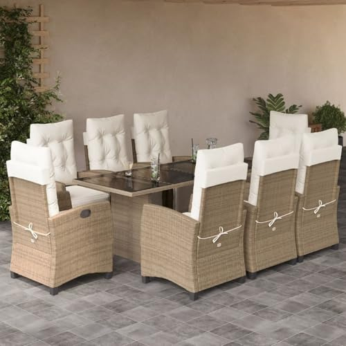 Keyroto Polyrattan Sitzgruppe mit 8 Gartenstuhl Hochlehner Verstellbar Garten Essgruppe 8 Personen Rattan Gartenmöbel Set Garten Essgruppe Gartengarnitur Sitzgarnitur Beige Type-97