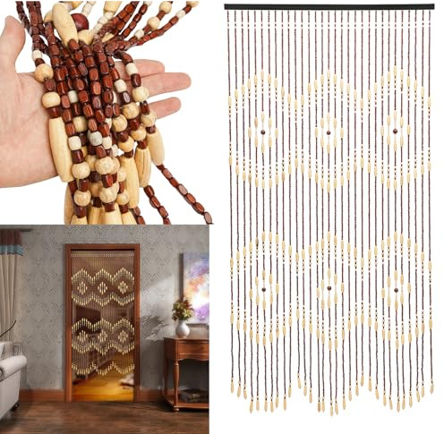 Tenda di perle per porta del balcone, tenda a fili in bambù e perline di legno, da appendere, per porta, 90 x 175 cm, adatta per finestre, casa, camera da letto, beige