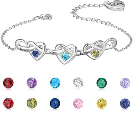 Wamantic Personalisierte Armband Silber Damen Gravur Name Herz Armkette Schmuck mit Geburtsstein Geschenk für Frauen Mutter Tochter Freundin Mama Weihnachten Muttertag
