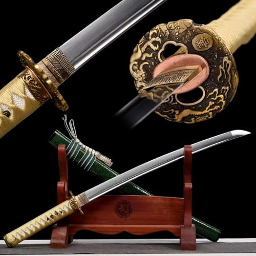 KWXPW 78cm handgefertigt Katana,Wakizashi,Musterstahl Klinge,Holzscheide,Japanischer Samurai-Schwert für Kendo-Training,Geschenke,Dekoration,Cosplay,Requisiten,Display