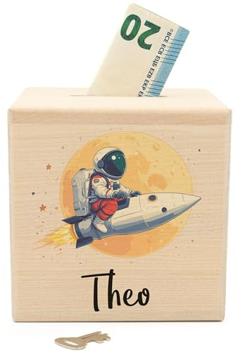 Personalisierte Spardose aus Holz - 10 x 10 cm - Sparschwein Holz Spardose | mit Namen, Kinder Geschenke sparschwein Kinder Geschenk Kindergeburtstag Junge Universum