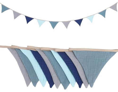 Xialvyu Banderines para habitación infantil de algodón, muselina y algodón, guirnalda de muselina para cama de casa, decoración, fiesta, decoración de pared, regalo (azul gris)