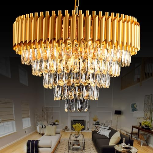 MSSIAN Gold Modern Crystal Chandeliers 5-Tier K9 Round Light Fixture Gold Crystal Chandeliers Ceiling Light Fixture for Dining Room Living Room Bedroom Entryway E14*12Light