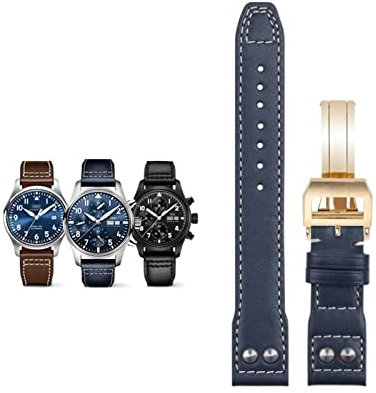 KGFCE 20 mm weiches Echtleder-Nietenarmband für IWC-Armband für Big PILOT Mark 18 Portofino-Zubehör(Blue Gold buckle)