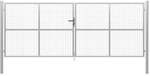Gartentor Stabmattenzaun Gartentür Doppelflügeltor Doppeltor Hoftor Flügeltor Einfahrtstor Gartentpforte mit Pfosten und Befestigungsmaterial, 415x200 cm Silbern