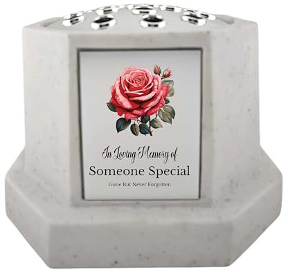 In Loving Memory Of Memorial Octagon Rose Bowl Grave Marker Flower Pot Vase With Rose Design Mum Dad & Lots More White/Silver (UV PRINTED) (Someone Special)