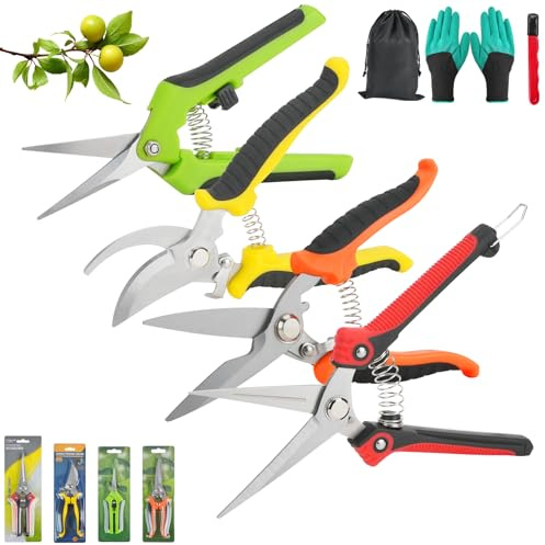 BZUEPRS Lot de 7 sécateurs de jardin pointus en acier inoxydable avec sac de rangement, gants, outil d'affûtage pour arbres fruitiers, plantes en pot, fleurs, branches