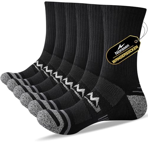 Niorasen Wandersocken Herren, 3 Paar Atmungsaktiv Gepolsterte Sportsocken Baumwolle, Anti Blase Funktionssocken Arbeitssocken, Dicke Outdoor Socken für Trekking, Tennis, Laufen, Schwarz 47-50