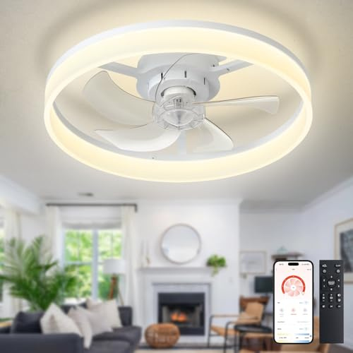 Depuley Ventilador de techo LED con luz: ventilador moderno de perfil bajo de 20 con mando a distancia para aplicaciones - Lámpara con ventilador blanco regulable sin aspas para dormitorio