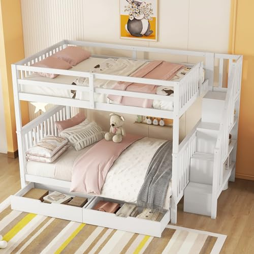 RIAZOS Etagenbett 140x200 mit 2 Schubladen und Treppe, Kinderbett Hochbett für 2 Kinder, Jugendbett mit lattenrost und Rausfallschutz, Stockbett Funktionsbett, ohne Matratze
