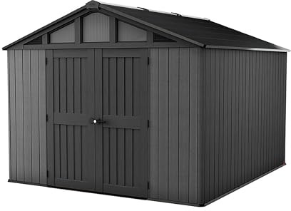 Keter Stronghold Gartenhaus 10x11,5 | Kunststoff Gerätehaus mit Holzoptik, stahlverstärkt, wetterfest, abschließbar, Grau 350x305x251 cm
