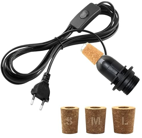 Kit Lampe Bouteille, Douille E14 avec Cable et interrupteur 2.4M, Douille pour Bouteille Lampe, Inclus 3 Bouchons Souples, Adaptateur de Bouteille, Douille Ampoule pour Différent Bouteilles, Noir