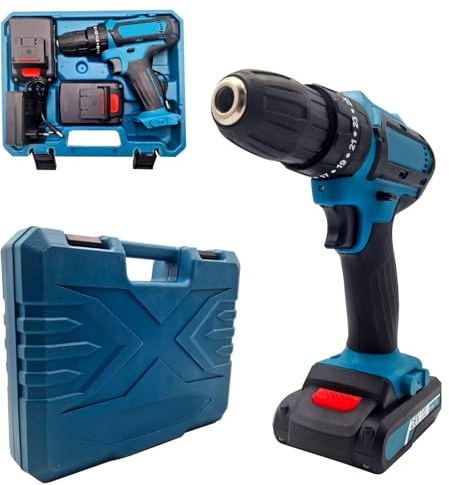 Trapano Avvitatore Elettrico Percussione 26V, 2 Batterie Litio, Valigetta Accessori, Nero-Blu