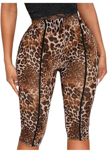 GORGLITTER Women's Leopard Print Cropped Capri Leggings Mesh High Waisted Workout Yoga Casual Trousers Brown Medium