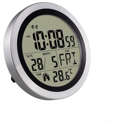 Orologio da parete elettronico multifunzionale con visualizzazione di ora, data, giorno, temperatura, impermeabile IP4, alimentato a batteria, adatto per bagno, cucina e camera da letto