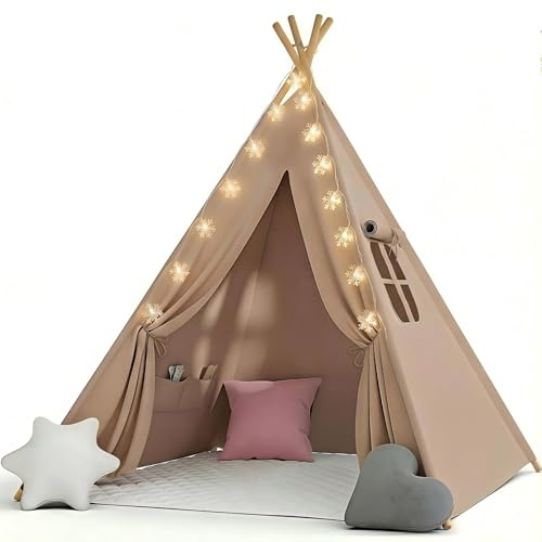 Tipi Zelt für Kinder: kinderzelt Indoor Baumwolle Indoor Spielzelt mit Kissen*3, LED-Lichterkette & Aufbewahrungstasche, Märchenstil Spielhaus für 3-12 Jahre (Beige, Kinderzelt-Set)