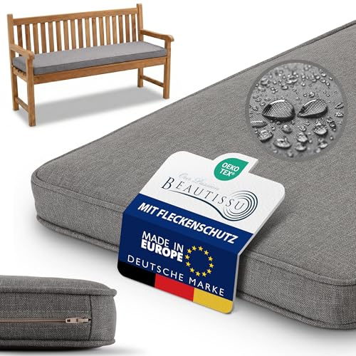 Beautissu Bankauflage Outdoor Bankkissen wetterfest UV-beständig waschbar | 140x50cm Hellgrau 5cm dick pflegeleicht Sitzkissen Bankpolster Bezug abnehmbar Gartenmöbel Gartenbank Sitzauflage Calme BK