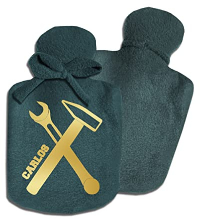 Wärmflaschen-Bezug personalisiert für Jungen Männer Mann mit Namen und Motiv Hammer Werkzeug Blau Türkis, unterschiedliche Farben und Motive, kalt oder warm befüllbar, weicher Fleece, Naturgummi