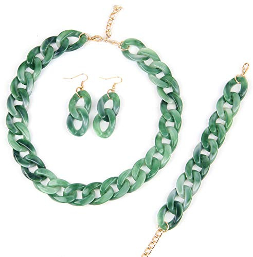 NICEWL 3 Stücke Set Aussage Halsketten Für Frauen,Acryl Chunky Choker Kragen Mit Ohrringe Armband Set,Mode Pullover Kurze Kette Dekoration Schmuck,Grün