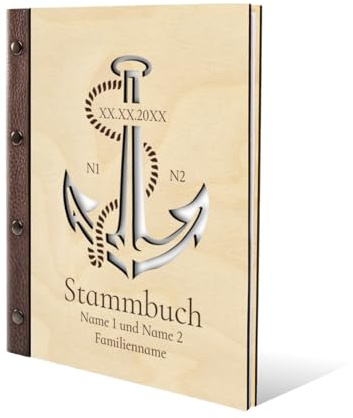 Stammbuch Birkensperrholz Gravur individuell Holzcover lasergeschnitten mit Echtleder Rücken und Extras Stammbuchformat hoch 175 x 220 mm - Anker