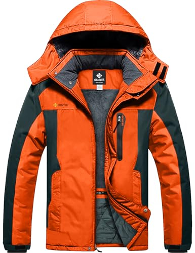 GEMYSE Herren Skijacke Winddicht Wasserdicht Warmes Fleecefutter Winterjacke mit Kapuze für Outdoor(Orange Grau 08,L)